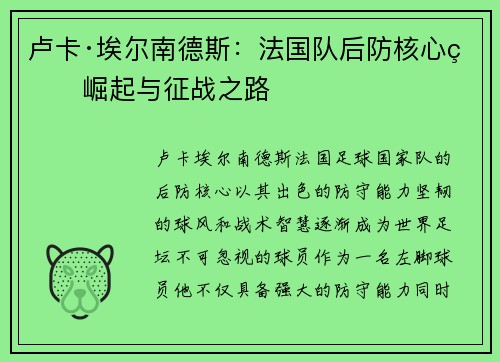 卢卡·埃尔南德斯：法国队后防核心的崛起与征战之路